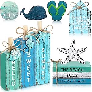 11 Pcs Summer Beach Table Decorations Ocean Tiered Tray Decor Summer Centerpiece Decorative Wood Books Table Top Decor Starfish Wooden Sign for Home Party Supplies (Ocean)