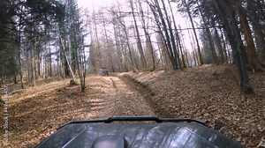 Off-road jeeps driving through stunning forest, mud, leafs and dirty road - GoPro 4k view