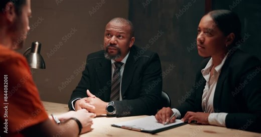 Police, criminal and question in interrogation room for investigation, discussion or arrest. Law enforcement, diversity and people in conversation with suspect for justice, interview or crime