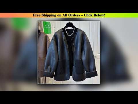 Leather And Fur Splicing Integrated Round Neck Jacket For Women In Autumn And Winter 2025, Loose
