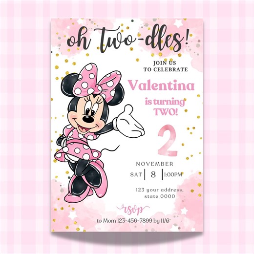Minnie Mouse Printable Birthday Invitation, Pink and Gold Personalized Invite, Digital Download, Twoodles - Etsy