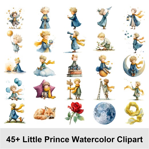 Little Prince Clipart Bundle | 45 Watercolor the Little Prince PNG Set for Baby Shower Decor • Fox Little Prince Nursery Art, Commercial Use - Etsy