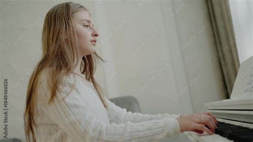 Teenage girl practicing piano at home. Study and learning development concept. Focused young cute girl having fun playing electric piano. Reading sheet music. Piano learning lessons