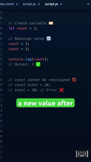 Reassigning Variables in JavaScript #JavaScript #CodingForBeginners #LearnToCode #WebDev #CodeShorts