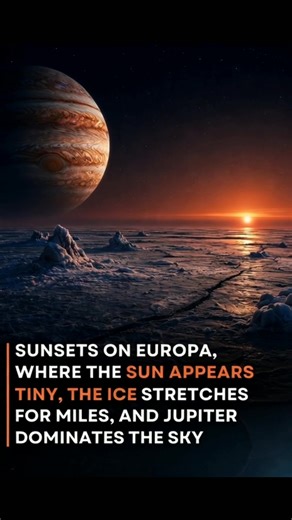 👉On Europa — one of Jupiter’s most mysterious moons — the sky feels completely unreal compared to Earth. The Sun looks tiny, like a faraway glittering dot, barely strong enough to light up the frozen world below. And then there’s Jupiter… huge and breathtaking, filling a big part of the horizon like a giant hanging in the sky. A sunset on Europa isn’t just the end of the day — it’s a quiet, jaw-dropping show of space and scale. The ice-covered surface stretches endlessly in every direction, cra
