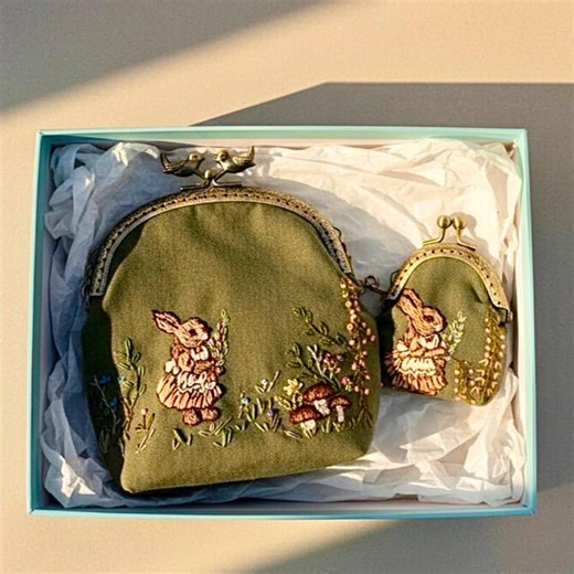 Cottagecore Linen Bag and Coin Purse Set, Handmade Embroidered Bunny Pouch, Whimsical Forest Aesthetic Gift - Etsy