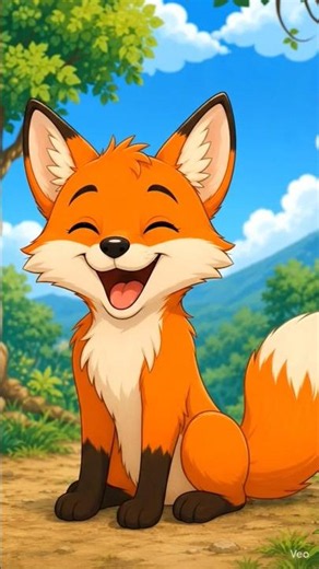 Happy cartoon fox laughing and playing in a colorful forest.