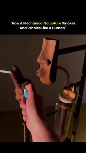 sci || tech || history on Instagram: "This video shows a kinetic mechanical sculpture designed to imitate a human smoking habit using pure mechanics. A small electric motor at the base rotates a gear system, which transfers motion through rods, cams, and linkages. These parts convert circular motion into precise linear movements, allowing the mechanical hand to lift, position, and lower a cigarette in a repeating cycle. The vertical chamber acts like artificial lungs, releasing smoke or vapor to