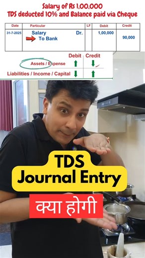 CA Deepak Lalwani on Instagram: "Comment "Accounts" for Full Course on Accounts for Free 💼 TDS on Salary – Journal Entry Explained 👨‍💼 Employee Salary = ₹1,00,000 ✂ TDS @10% = ₹10,000 🏦 Net Paid via Bank = ₹90,000 📒 Journal Entry: Salary A/c Dr. ₹1,00,000 To TDS Payable A/c ₹10,000 To Bank A/c ₹90,000 👉 TDS deducted is liability to Govt. & balance salary goes to employee. Follow @accountsfundaindia for more such video on Accounts #finance #journalEntries #accounting @class11accounts #tds #