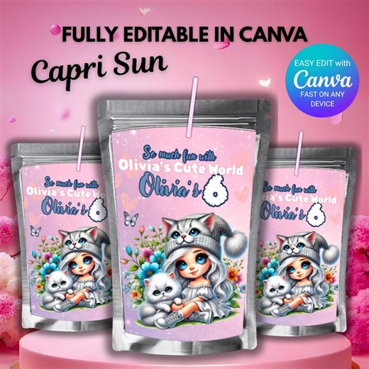 Editable Capri Sun Label Template | Sweet World Girl Birthday Party Favor | Canva Template | Printable Juice Pouch Label