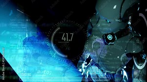 3d render animation of top view at walking female robot on shapes with black background and optical flares, programming hud interface graphic and working easy in overlay