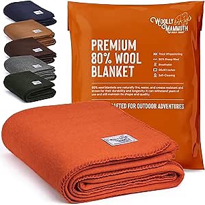 Woolly Mammoth Woolen Company Wool Blanket - 66 x 90 in, Ember, 80% Merino Wool - Camping Blankets for Cold Weather - Double-Stitched Durability for Overlanding, Hunting, Emergency Kits, Bushcraft