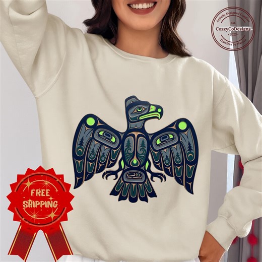 Pacific Northwest Totem Hawk Graphic Shirt, Emerald Navy Neon Game Day Apparel - Etsy