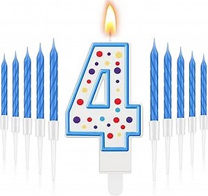 MTLEE Blue Number 4 Birthday Candle with 10 Long Thin Cupcake Candle Happy Birthday Cake Topper Boy Girl for Cakes Sweet Dots Party