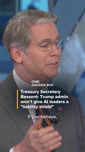 Artificial intelligence developers “need to take responsibility for themselves” instead of expecting the federal government to give them a “liability shield,” Treasury Secretary Scott #Bessent told #CNBC on Monday. ⠀ Read more at the #linkinbio or the link on screen. #ai