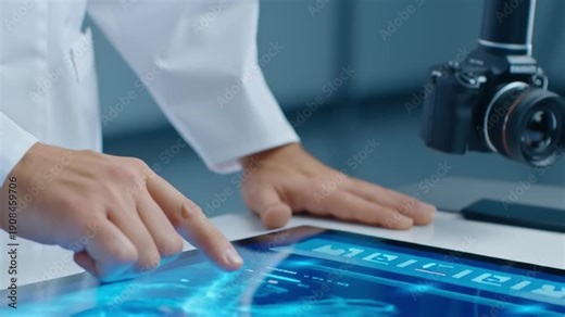Hands of medical professional use a tablet with blue diagnostic interface on a desk. Finger taps and swipes across the screen as data layers animate and shift under bright clinic light.