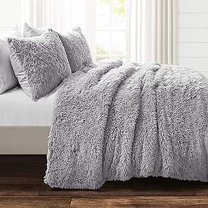 Lush Decor Emma Soft Fluffy Faux Fur Oversized Comforter Set, King, Light Gray - Warm Plush 3 Piece Bedding Set