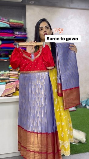 House of Raadhvi - Traditional Benarasi sarees on Instagram: "Sarees converted into lovely gowns long frocks n lehengas for our customers ! Saree used is affordable semi Kanchi sarees in the range of 2000-3000 only Shop exclusive sarees @houseof.raadhya_sarees !!! Dm or watspp on 9611975315 Visit our website Www.houseofRaadhvi.com Visit our stores in Bangalore Basaveshwarnagar store address House of raadhya 464 veena complex beside pavitra paradise Basaveshwarnagar Bangalore -560079 RR nagar sto