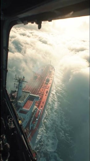 Helicopter Window View of Red Tanker in Stormy Clouds