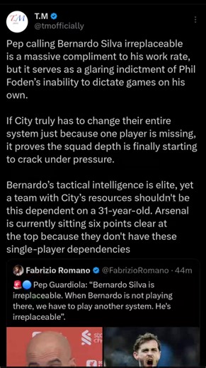 Pep calling Bernardo Silva irreplaceable is a massive compliment to his work rate, but it serves as a glaring indictment of Phil Foden’s inability to dictate games on his own. If City truly has to change their entire system just because one player is missing, it proves the squad depth is finally starting to crack under pressure. Bernardo’s tactical intelligence is elite, yet a team with City’s resources shouldn't be this dependent on a 31-year-old. Arsenal is currently sitting six points clear a
