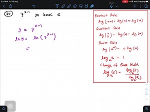 In Exercises 30-33, use the appropriate change of base formula to convert the given expression to an expression with the indicated base. 7^x-1  to base  e | Numerade