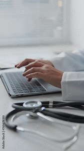 Vertical video consultation with a doctor online, where a specialist provides medical care through a web application. In a modern hospital, specialists use computer technology to accurately diagnose Stock Video