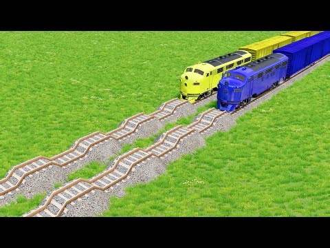 Double Colorful Train Vs Flatbed Trailer Truck Vs Wavy Impossible Rail Tracks in BeamNG.drive