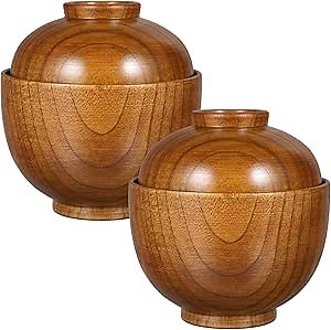 Baluue Japanese Style Wooden Rice Bowls with Lids Set of 2 3.93In Small Soup Serving Bowls for Salad Miso Soup and Snacks Lightweight Tableware for Home and Restaurant Use