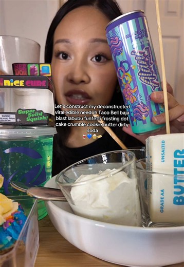 Let’s construct my deconstructed viral edible needoh Taco Bell baja blast labubu funfetti frosting dot cake crumble cookie butter dirty soda #labubu #buttermukbang #crumbl #dirtysoda #deconstructeddirtysoda