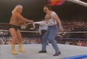 GREG VALENTINE left The Hart Family as a babyface in 1991. At the same time, they were testing the return of Brutus Beefcake after his horrible accident. They had him do run-ins under a hood as THE MARINER. Here he saves his former DREAM TEAM partner from Earthquake who was being a dick. | WOHW Publishers