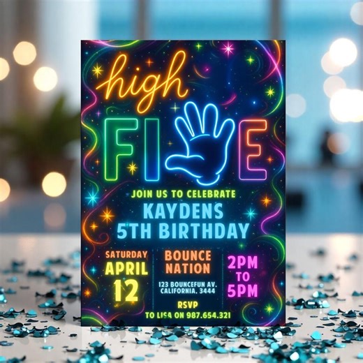 Editable High Five Birthday Party Invitation Neon Glow High Five Hi Five 5th Birthday Party Boys 5th Birthday Party Instant Download - Etsy