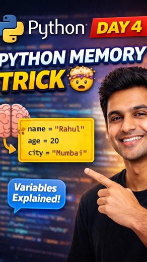 Loppla on Instagram: "Day 4 of Python in 90 Days 🚀 Variables are like memory boxes that store information for your program. Once you understand this, Python becomes EASY and FUN 🤯 Watch till the end and comment “Day 4” if you’re learning Python with me! Follow for daily Python shorts and become job-ready in 90 days. #pythonlearning #learnpython #codingforbeginners #techreels #programmingshorts"