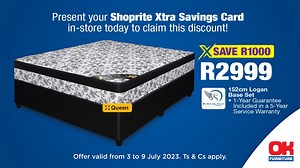 5K views · 105 reactions | Discover better sleep for less with our exclusive Xtra Savings deal. Simply present your Shoprite Xtra Savings Card at your nearest store https://bit.ly/42eJYph and save a massive R1000 on the 152cm Logan Base Set. But hurry, this deal is only valid from until the 9 July 2023, and while stocks last. Ts & Cs apply. | OK Furniture | Facebook