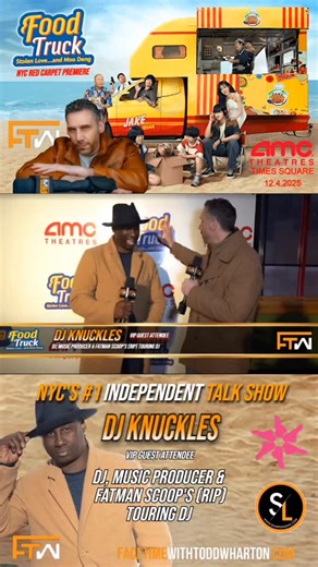 Todd Wharton on Instagram: "WATCH NOW! 🚚 🍿🎞️🎥🎬 Todd interviews, DJ Knuckles, straight from the Food Truck: Stolen Love…and Moo Deng U.S. Red Carpet Movie Premiere I AMC Empire 25 Theater I Times Square, NYC I 12.4.2025 DJ Knuckles (VIP Guest Attendee) Not only was he a friend, collaborator, and longtime stage partner, DJ Knuckles was the official tour DJ to the Legendary and late, great “Fatman Scoop” During their live shows and club appearances, Knuckles would handle the DJ/turntable side 