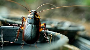 A detailed close-up of a cockroach on a dark, textured pot showcases its segmented body and long antennae.