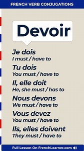 14K views · 302 reactions |  Devoir = Must, to have to in French  Hear native audio with examples → https://www.frenchlearner.com/french-word-of-the-day/devoir/  Full conjugation charts + audio → https://www.frenchlearner.com/verb-conjugations/devoir/  Get the Daily Word of the Day + FREE PDF! https://www.frenchlearner.com/subscribe/ | FrenchLearner Word of the Day Lessons | Facebook