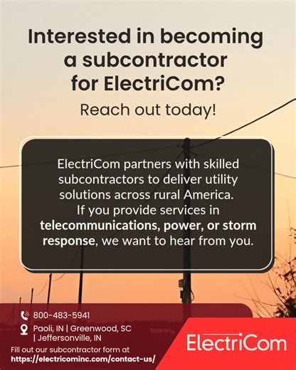 ⚡ Calling all subcontractors! Are you looking to partner with a trusted utility solutions provider? At ElectriCom, we’re proud to collaborate with subcontractors who share our commitment to quality, safety, and reliability. Whether your expertise is in telecommunications, power builds, or emergency storm response, there’s a place for you in our network. Together, we can deliver the infrastructure rural communities depend on. 📞 Reach out today: 800-483-5941 👉 Fill out the subcontractor form:htt