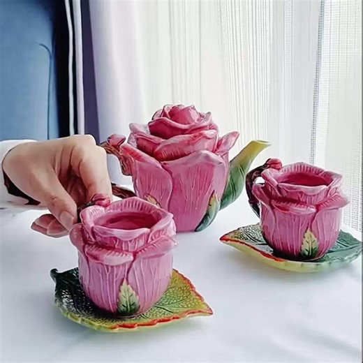 Hand-painted Rose Ceramic Tea Set | Cottagecore Teapot and Cups - Etsy