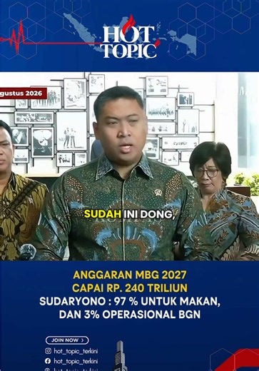 Kepala Badan Gizi Nasional (BGN) Sudaryono menjelaskan alokasi anggaran program Makan Bergizi Gratis (MBG) dalam Rancangan Anggaran Pendapatan dan Belanja Negara (RAPBN) 2027 sebesar Rp240 triliun. Hal ini disampaikannya usai bertemu Menteri Keuangan Purbaya Yudhi Sadewa di kantor Kementerian Keuangan, Jakarta, Jumat (28/8/2026).