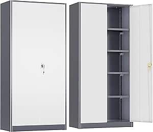 Greenvelly Metal Lockable Storage Cabinet, 72” Storage Cabinet with 2 Doors and 4 Adjustable Shelves for Office, Home, Garage, Pantry (Assembly Required, Grey White)