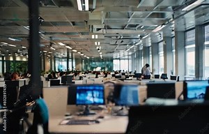 Blurred Background of Open Plan Office with Employees Working - Blurred View of a Busy Office Space
