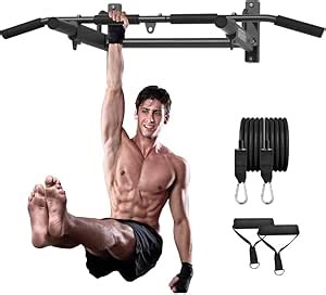 ONETWOFIT Wall Mounted Pull Up Bar, 400 LBS Heavy Duty Chin Up bar Multifunctional Strength Training Wall Mount Pull up Bar Upper Body Workout For Home Gym With 2 Assistance Bands OT053102