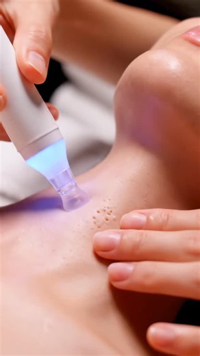 Zenpores on Instagram: "Complete your relaxation journey with a peaceful skincare ASMR session focusing on the center of the neck. This video highlights soothing skin texture and gentle pore care through a rhythmic, downward-gliding approach designed for visual relaxation. Experience the visual relaxation of watching the skin transform through a calm facial care ritual. Using a soft blue-light tool, we navigate the central neck area, gently addressing surface impurities and revealing a refined, 