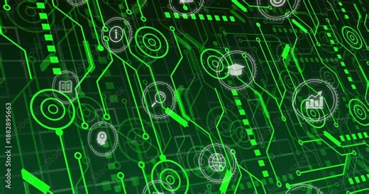 On signal reception digital circuit paths animating connecting icons pulsing visualizing data flow
