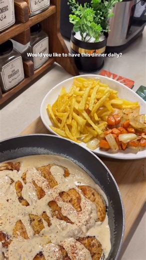Perfect Weeknight Dinner: Grilled Chicken in Creamy Sauce with Fries #homemade #food #cooking