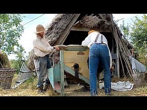 Winnowing using an old fashioned winnowing machine.