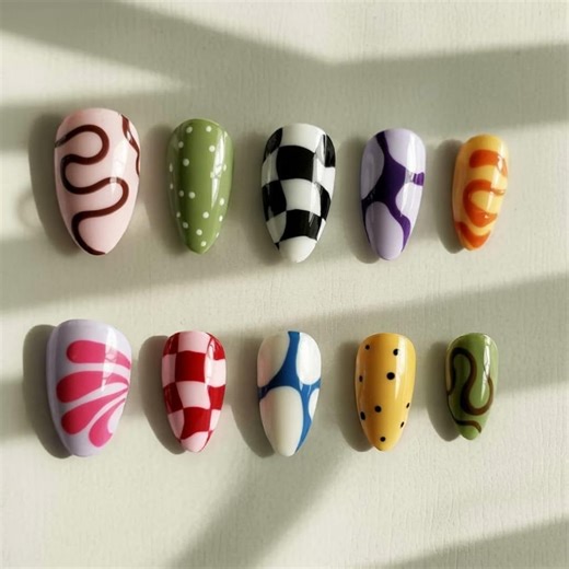 Colorful Press on Nails With Abstract Swirls, Checkerboard and Polka Dot Patterns, Reusable Handmade Nail Set Artistic Nail Lovers - Etsy UK
