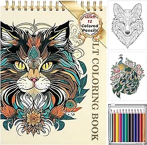 Animal Coloring Book for Adults 41 Unique Single Sided Patterns and 9 Blank Pages with 12 Colored Pencils Set 130GSM Thick Paper Stress Relief & Mindfulness Gift for Women Men, 8.5 X 11in