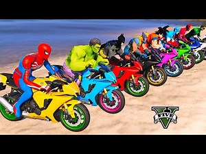 SPIDERMAN Race Motorcycles Ultimate Jump Challenge On Mega Ramp, Superheroes Cars Stunt Race - GTA 5