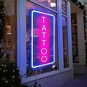 Neon Tattoo Light,LED Arylic Tattoo Neon Sign for Tattoo Shop Door Wall Light up Decor,Reusable and Dimmable Tattoo Gifts for Tattoo Lover,Tattoo Decor Shop Sign Open,16x9In(Blue+Pink Tattoo)
